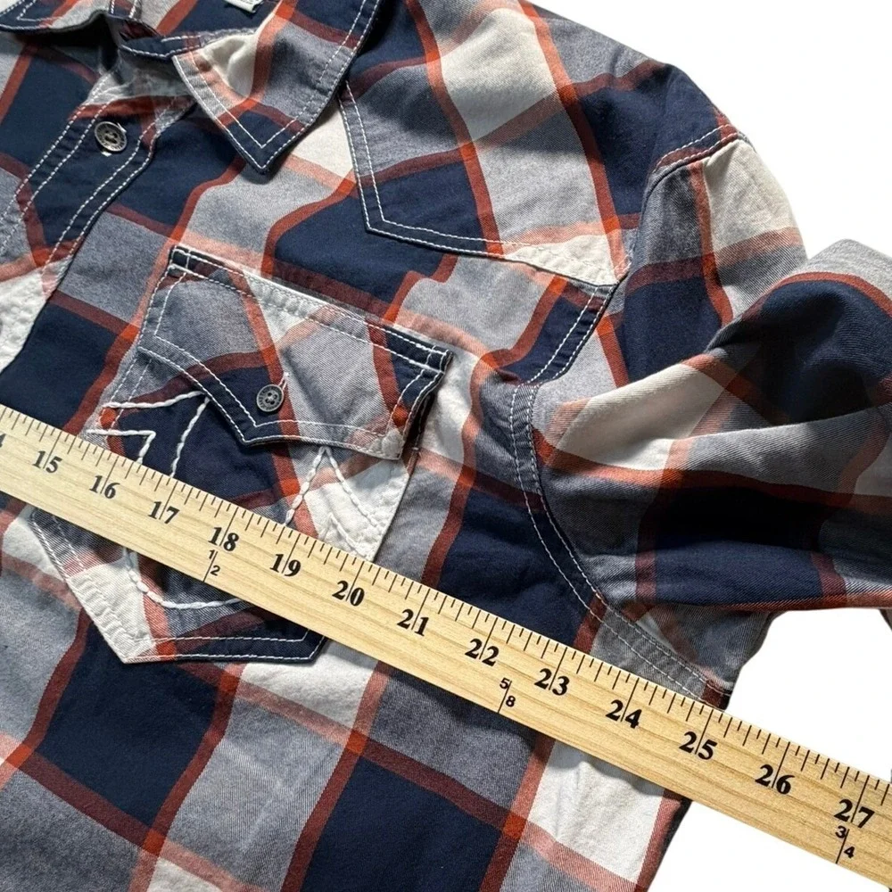 True Religion Cotton Flannel Shirt Mens 2XL Blue Orange Western Horseshoe Pocket